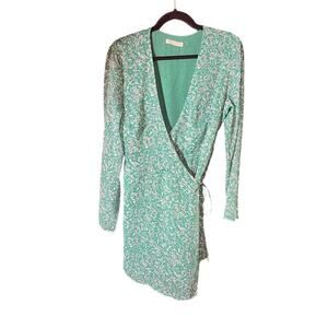 East Order Green Gizele Botanical-Print Mini Wrap‎ Dress Size Medium